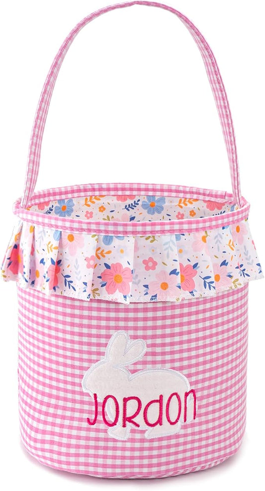 MT WORLD Toddler Easter Bunny Basket Personalized Easter Egg Bucket for Kids with Name Rabbit Ruffle Bucket Tote for Baby Boys Girls Easter Egg Hunts Decorations Candy Gifts Storage (Pink Plaid)