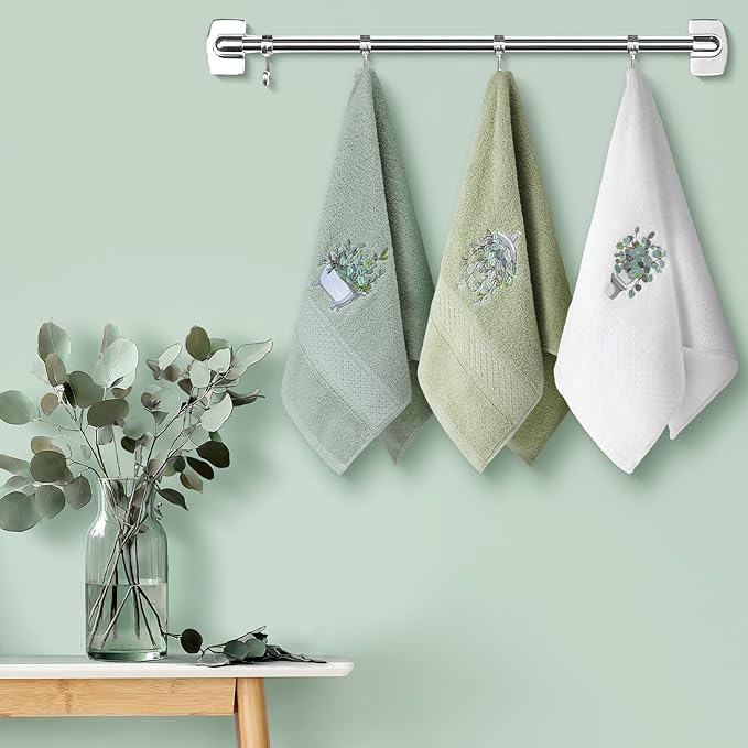 3 Pcs Eucalyptus Hand Towels Farmhouse Embroidered Botanical Bathroom Decor 13.3x29.5 Inch Farmhouse 100% Cotton Decorative Green Leaves Hand Towels for Bathroom Kitchen
