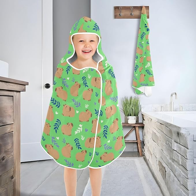 Green Cute Capybara Hooded Beach Towel for Kids, Kids Bath Hooded Towels for Boys Girls, Super Soft Absorbent Bathrobe with Hood for Swin Pool 50"x23.5"
