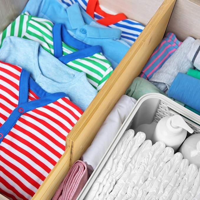 4 Pcs Deep Bamboo Drawer Dividers, Deep Kitchen Dresser Drawer Organizer with Spring Loaded for Clothes, Adjustable Expandable from 15-22 Inch (Wood Color,6 Inch)
