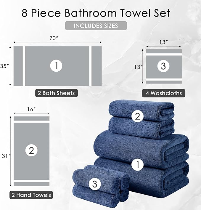 8 Piece Bath Towel Set Navy |2 Oversized Large Bath Sheet,2 Hand Towels,4 Washcloths| Ultra Soft Cozy Bath Towel Set for Bathroom Hotel Gym Spa,Highly Absorbent & Quick Dry Bathroom Towel Collections