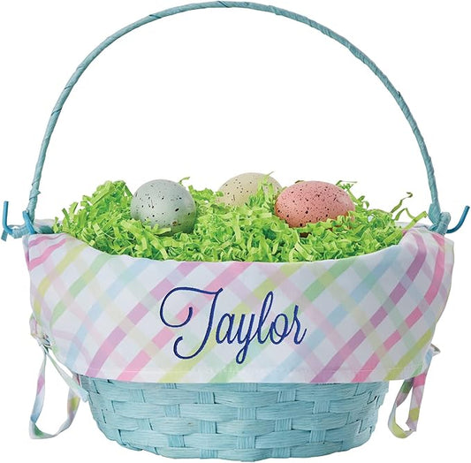 Personalized Easter Egg Basket with Handle and Custom Name in Navy Script | Multicolor Gingham Easter Basket Liners | Blue Basket | Woven Easter Baskets for Kids and Adults | Customized Easter Basket