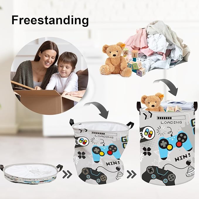 Clastyle Cool Game Storage Basket Kid Game Controller Clothes Laundry Hamper Collapsible Boy Toy Box for Nursery Palyroom,Gray,36 * 45 cm