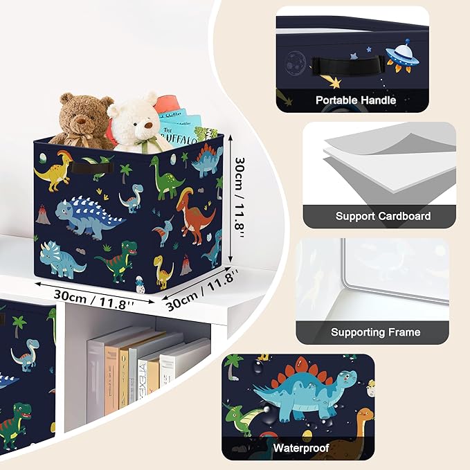 Clastyle 3 pcs Dinosaur Cube Storage Unit Bin with Metal Frame Volcano Kallax Box for Shelves Parents Closet Organizer Basket for Book Clothes Toy Organizer, Black, 11.8x11.8x11.8 in