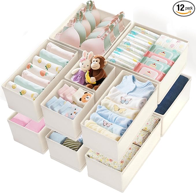 Dorisun Drawer Organizer Clothes 12 Pack, Dresser Closet Organizers For Baby Clothes Underwear, Sock Beige