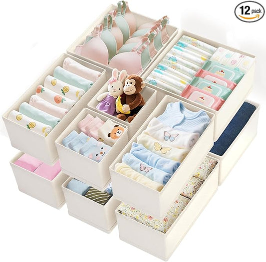 Dorisun Drawer Organizer Clothes 12 Pack, Dresser Closet Organizers For Baby Clothes Underwear, Sock Beige