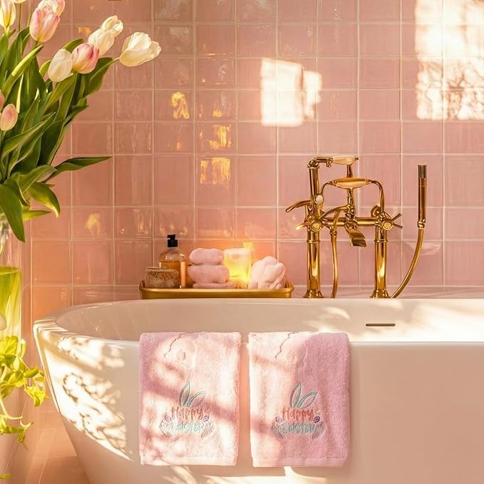 2 Pcs Easter Hand Towels for Bathroom Bunny Easter Bath Towels Pink 100% Cotton Jacquard Embroidered Decorative Gift Set Kitchen Decor Home Accessories