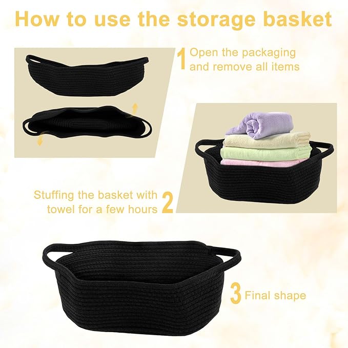 Portable Rope Baskets Small Woven Basket with Bags Baby Toy Basket with Handles Soft Woven Basket for Storage ZHAZHAMO(black)