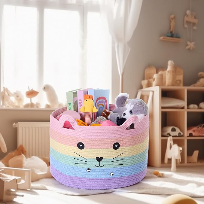 Zopeal Cat Basket Storage Woven Organizer with Ears Christmas Decorative Pet Toy Cute Cotton Rope Basket for Gift Cat Dog Toy Bin Nursery Room(21.7 x 13.8 Inch,Macaron Color)