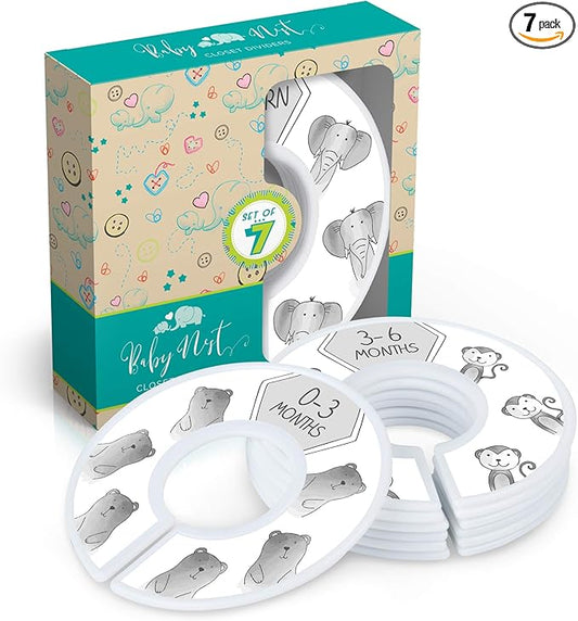 Baby Nest Designs Closet Dividers - 7x Baby Clothes Size Dividers, Newborn to 24 Months, Grey Animals Nursery Closet Organizer