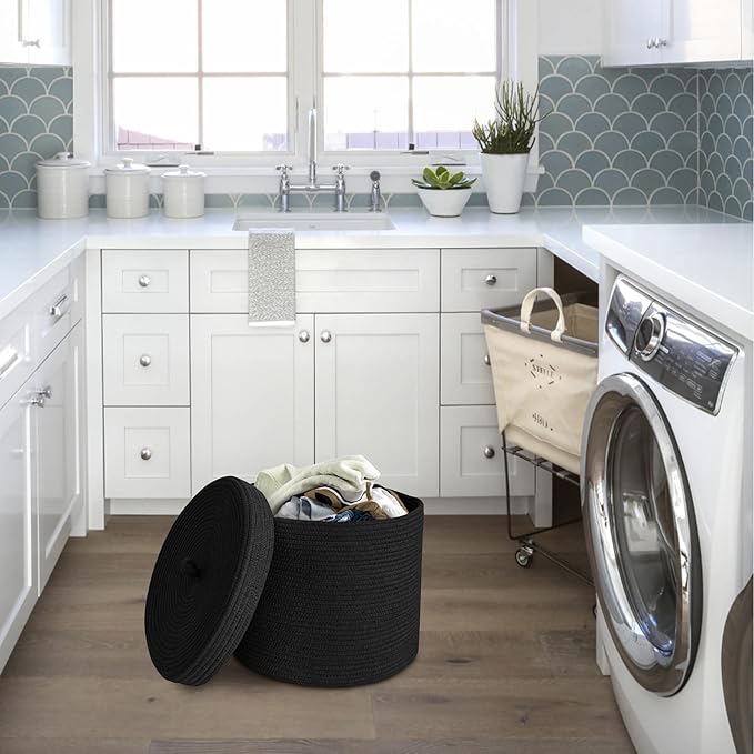 Storage Basket with Lid, 15” x 13” Lidded Blanket Basket Living Room, Black Woven Baskets for Storage, Nursery Kids Cotton Rope Toy Bin Box with Cover, Wicker Laundry Basket Pillow Holder