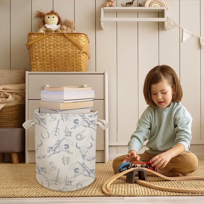 Blue and White Western Laundry Basket, Country Rodeo Cowboy Bull Skull Laundry Basket Hamper Waterproof Collapsible Clothes Toys Storage Bin for Bedroom Bathroom Kids Room, Toybox for Boys