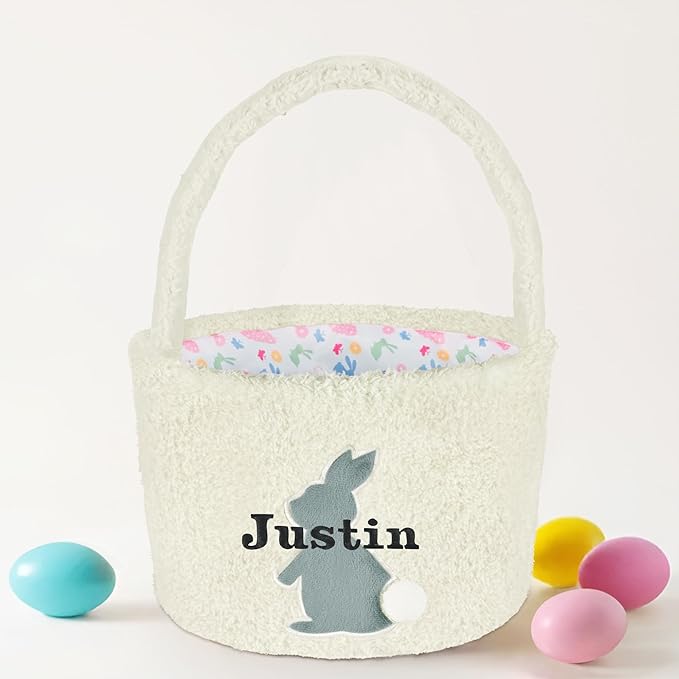 Easter Basket for Kids, VAPCUFF Easter Bunny Basket, Personalized Easter Baskets, Easter Basket with Name - - White Basket Grey Bunny