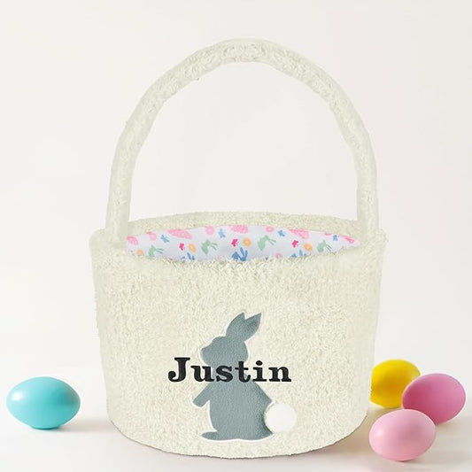 Easter Basket for Kids, VAPCUFF Easter Bunny Basket, Personalized Easter Baskets, Easter Basket with Name - - White Basket Grey Bunny