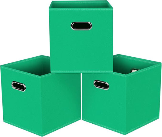 Black Foldable Storage Cubes Bins, Fabric Storage Box Cubes Organizer Baskets with Dual Handles for Home Organizer,Set of 3,(Green)