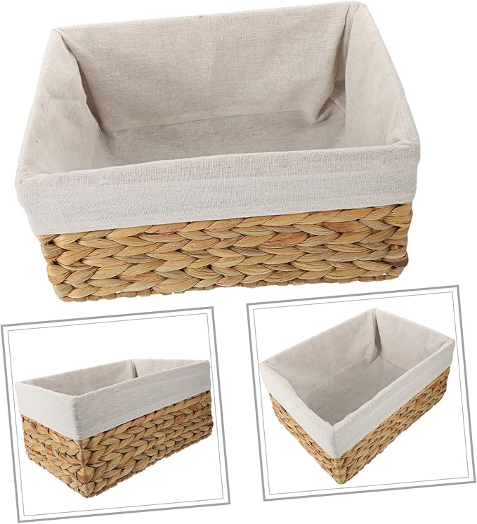 Handcrafted Straw Storage Basket with Liner Multifunctional Woven Organizer for Desktop Sundries Snacks Cosmetics for Home Office Nursery Kitchen Bathroom Use