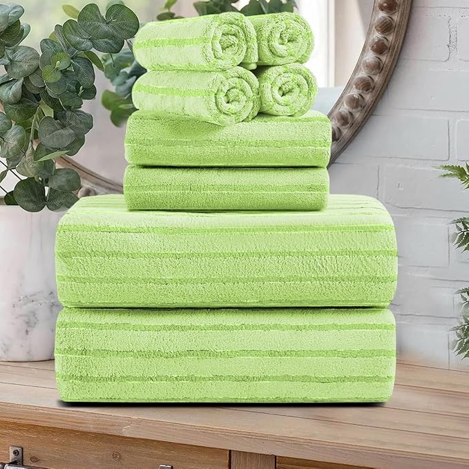 8 Pcs Grass Green Cabana Stripe Large Bath Towel Set - 2 Oversized Bath Sheets, 2 Hand Towels, 4 Washcloths - Soft Jumbo Absorbent Shower Beach Chair Spa Gym Hotel Towels