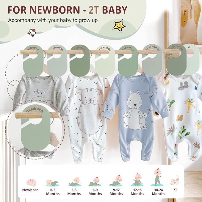 Baby Closet Dividers, Double Sided Nursery Clothes Size Separators for Newborn to 2T, Round, Green, 8 Pcs