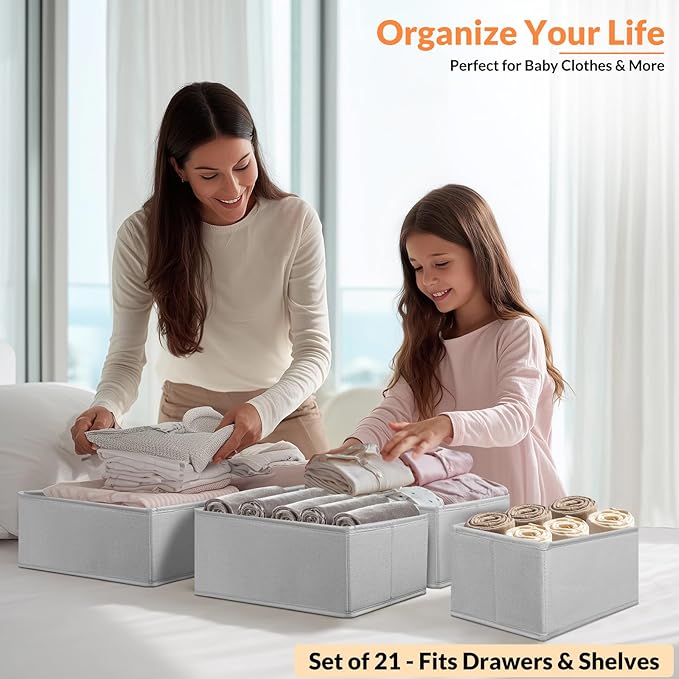 Drawer Organizer Clothes, 21 Pack Dresser Organizer for Baby Clothes, Underwear, Socks, 3 Sizes Foldable Closet Organization and Storage Bins for Nursery, Bedroom (Grey)