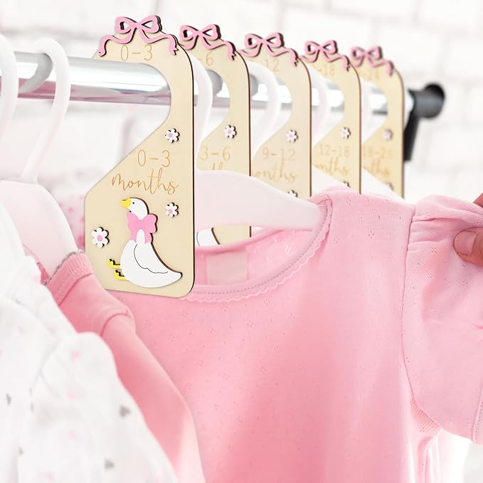 7Pcs Goose Wood Baby Closet Size Dividers with Storage Bag Pink Bow Goose Hanging Closet Organizer Newborn to 24 Month Infant Wardrobe Organizer for Home Nursery