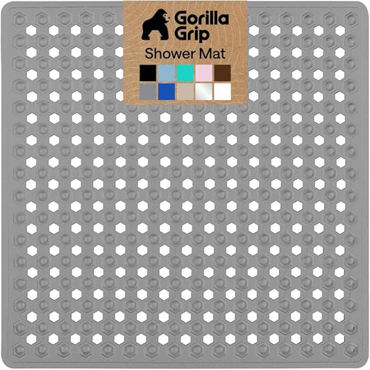 GORILLA GRIP Patented Square Shower Stall Mat, Small Bathtub Floor Mats for Stand Up Showers, Suction Cups and Drainage Holes, Machine Wash, Soft on Feet, Bathroom Accessories 21x21 Inch, Gray Opaque