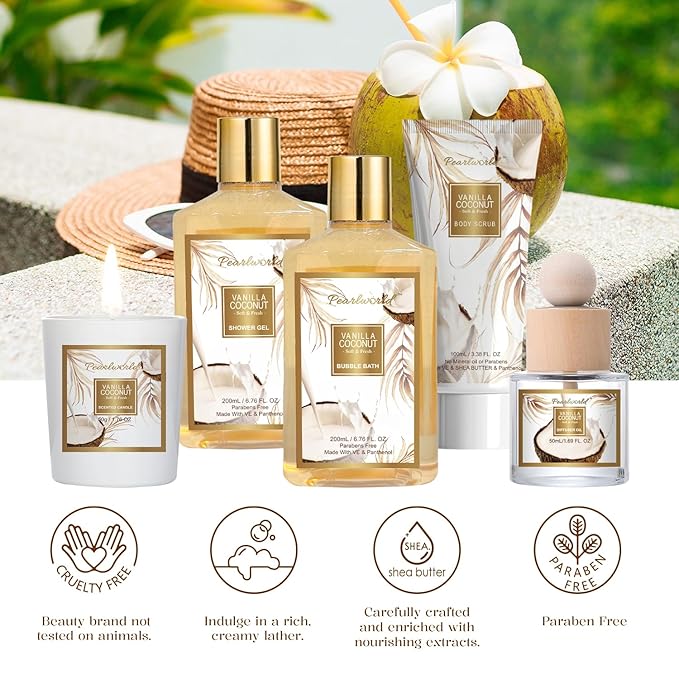 Valentine's Day Gifts Basket for Women, 15pcs Vanilla Coconut Bath Set with Shower Gel, Bubble Bath, Diffuser Oil, Scented Candle, Skin Care Kit Birthday Gift for Women