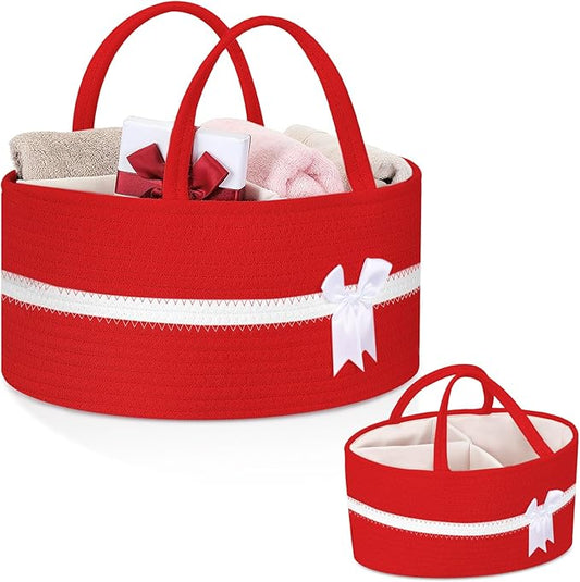 Yinkin 1 Pcs Valentine's Day Woven Large Storage Basket with Handles and Removable Divider Gift Baskets with Bow for Closet Bedroom Nursery Toys Organizing, 14.17 x 8.66 x 7.09 Inches(Red and White)