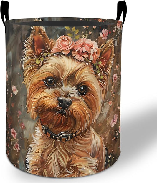 Cute Yorkshire Terrier Laundry Basket Hamper 19.7"x15.8", Dog Foldable Waterproof Oxford Clothes Storage Bucket for Room Bathroom Bedroom Nursery Decor, Toy Organizer Bins Gifts for Kids Boys Girls