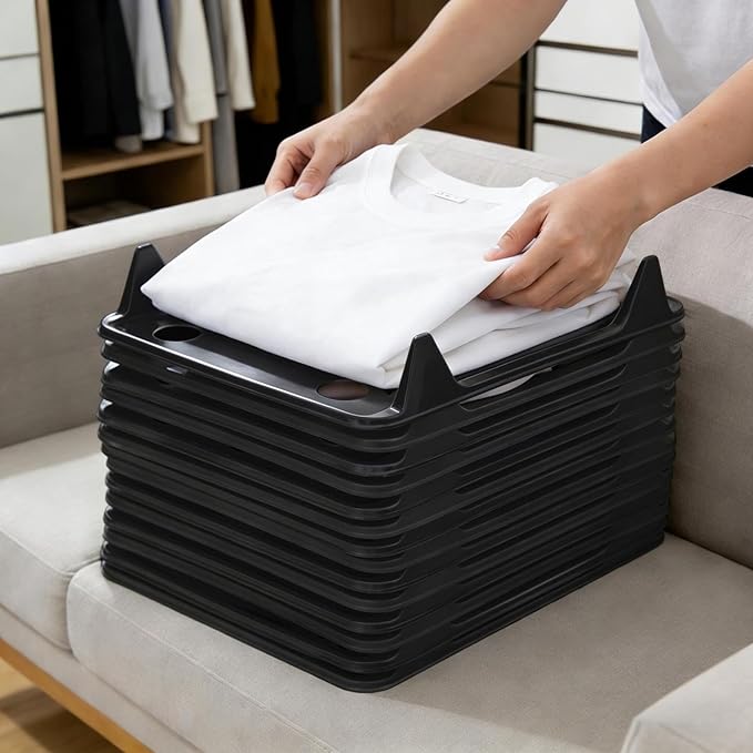 5/10 Pack Stackable Closet Organizer - Interlocking Shirt Folding Boards & Shelf Dividers, Space-Saving Wardrobe for T-Shirts, Jeans, Sweaters, Perfect for Home, Apartment (5, Black, 13 * 10 inch)