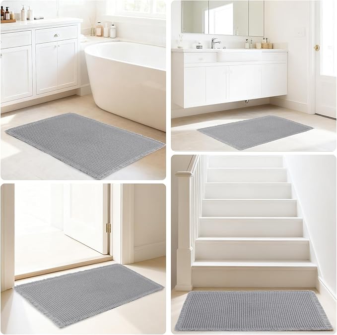 Hiasan Waffle Bath Mat, Super Absorbent Non Slip Bathroom Boho Rug with Tassels, Machine Washable Bath Mats for Bathroom, Ultra Soft Rubber Backed Rug, Grey, 20 x 32 Inches