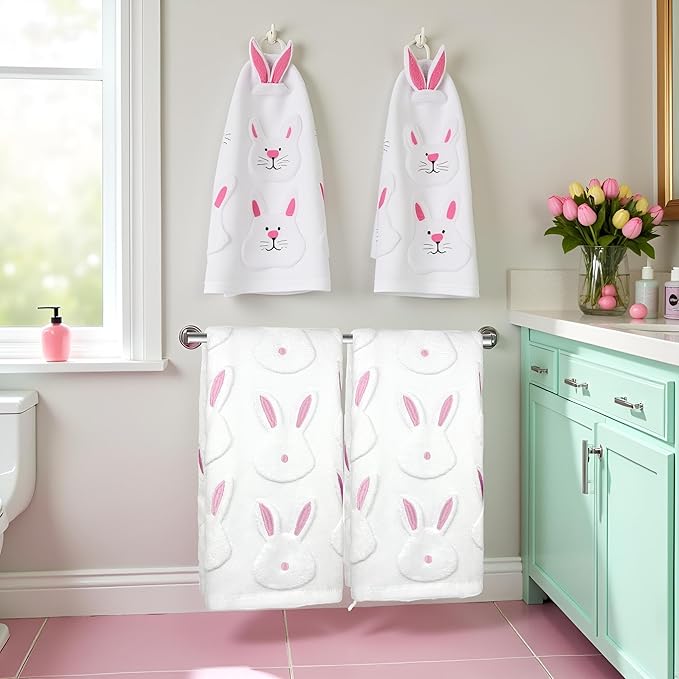 2pcs Easter Bunny Hand Towels Set 100% Cotton Soft Absorbent Spring Bathroom Hand Towels 14x29 Inch Cute Jacquard Easter Kitchen Decor Towels Holiday Kitchen Bathroom Decor Gift(White)