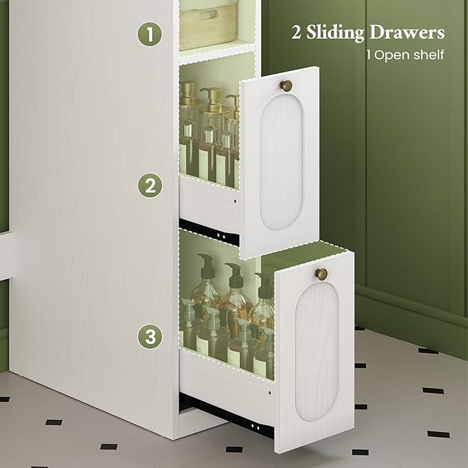 7-Tier L-Shaped Over Toilet Storage Cabinet with 2 Drawers, Tissue Holder & Towel Holder, Bathroom Storage Cabinet with 2 Doors & Adjustable Shelf for Bathroom, Laundry Room, White