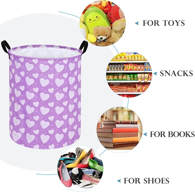 19.7 Inch Round Purple Love Laundry Hamper Laundry Basket Fabric Storage Hamper Organization Basket, Storage Bin, Toy Box,Valentine's Day Gift Basket with Handles for Room