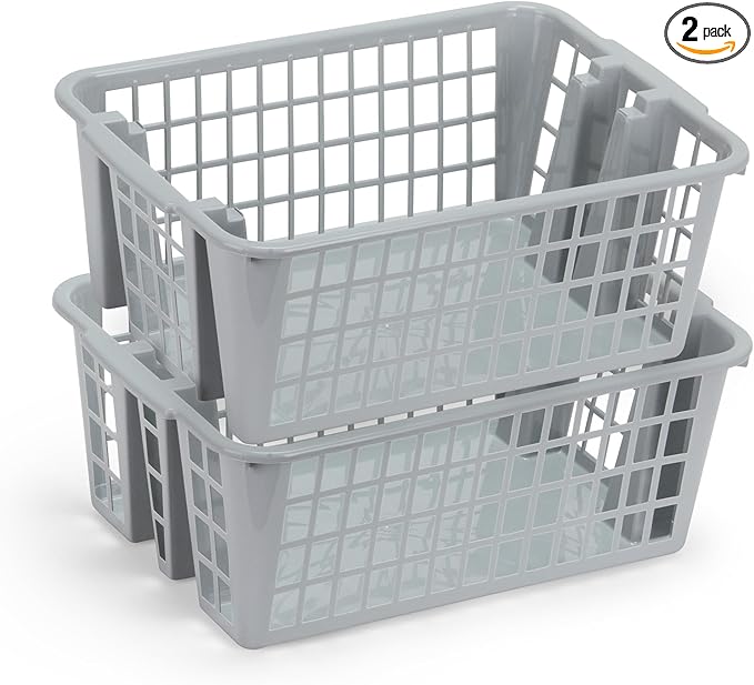 DecorRack Plastic Storage Basket, 13L Bathroom Storage Organizer Bin for Laundry Closet, Pantry or Office with Built In Handles,Gray (2 Pack)
