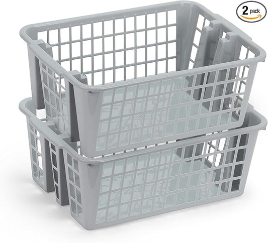 DecorRack Plastic Storage Basket, 13L Bathroom Storage Organizer Bin for Laundry Closet, Pantry or Office with Built In Handles,Gray (2 Pack)