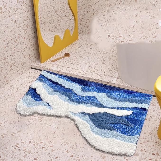 Blue 3D Ocean Wave Bath Mat, Cute Funky Bathroom Rugs,for Coastal Beach Nautical Themed Decor, Non-Slip Washable Tufted Rug for Bedroom Kitchen Runner Rug (27.6 x 63 in)