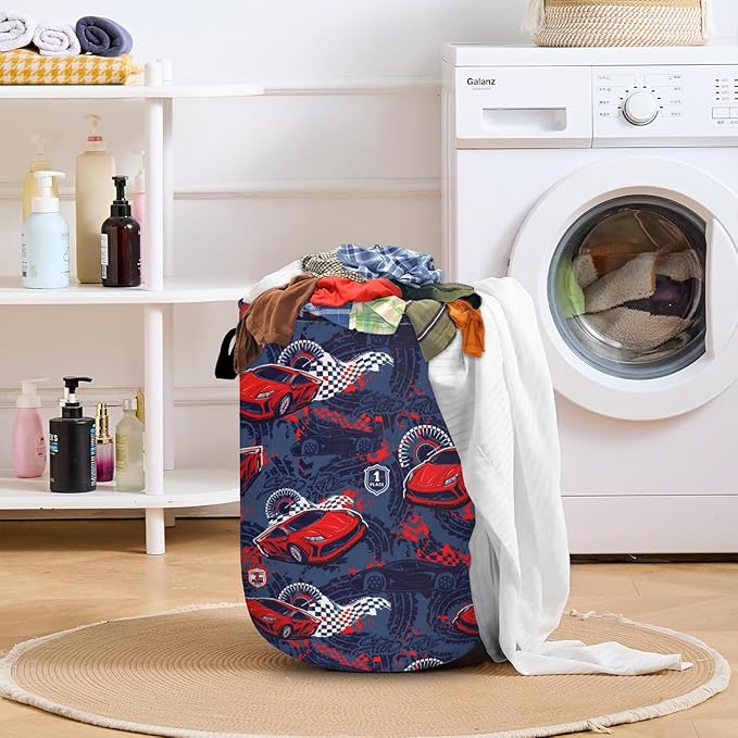 Red Racing Car Laundry Basket with Sturdy Handles, Speed Race Car Collapsible Oxford Cloth Laundry Hamper Organizer Basket for Bathroom Bedroom 15.7x20 Inch