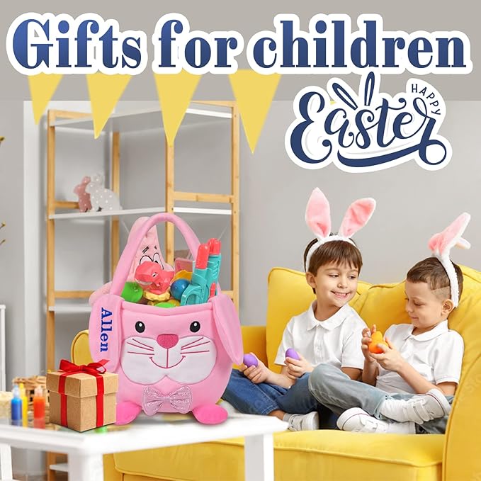 Personalized Easter Basket, PEMIRSAYO Easter Baskets for Kids Easter Bunny Baskets Custom Easter Basket Personalized Easter Gifts Toddler Easter Baskets Empty - Pink Bunny
