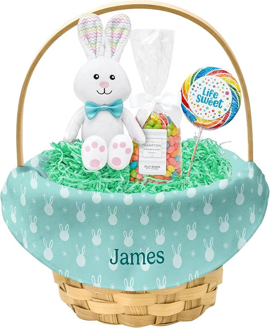 Let's Make Memories Personalized Easter Basket for Kids - For Boys - For Girls - Create Your Own - Fillable - Wicker - Easter Basket Stuffers - Large - Aqua Bunny Faces