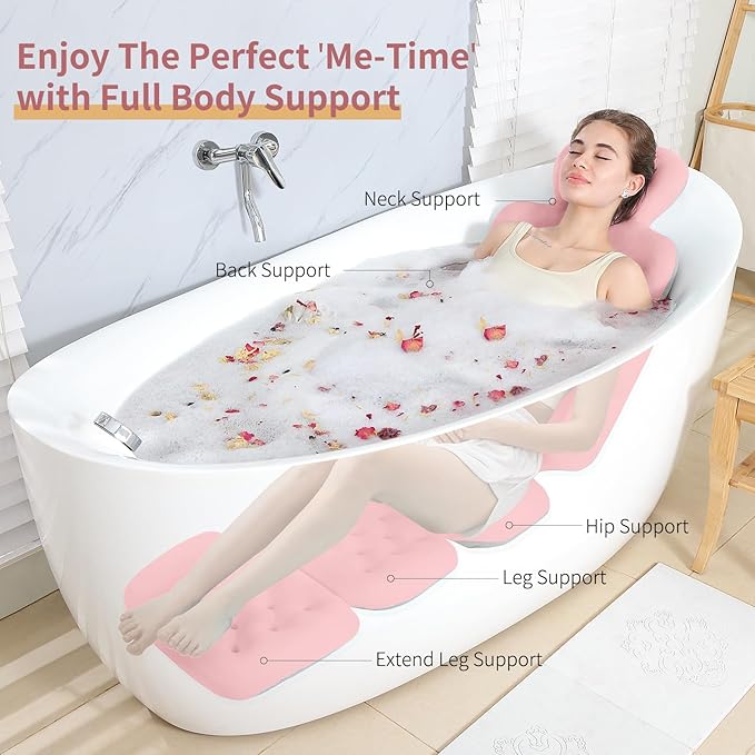 Luxury Bath Cushion, Full Body Bathtub Pillow with 160 Suction Cups, Bath Mat for Head and Neck Support, with Laundry Bag (Light Pink, 60" x 16")