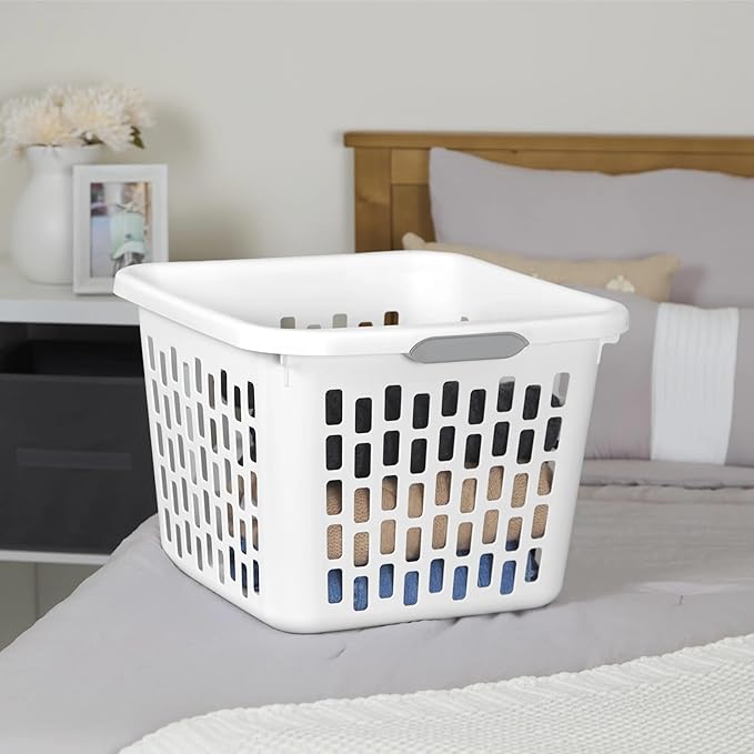 1.5 Bushel Square Plastic Laundry Basket with Two Comfortable Handles, White