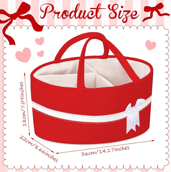 Yinkin 1 Pcs Valentine's Day Woven Large Storage Basket with Handles and Removable Divider Gift Baskets with Bow for Closet Bedroom Nursery Toys Organizing, 14.17 x 8.66 x 7.09 Inches(Red and White)