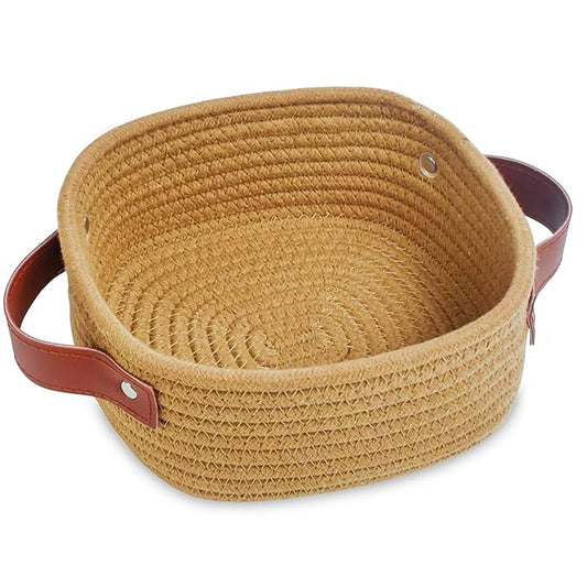 ABenkle Small Storage Basket, Mini Baskets, Cute Rope Woven Baskets for Organizing, Square Shelf Storage with Handle, Boho Decorative Toy Bin for Nursery, Spa, Empty Gift Basket - XS, Brown