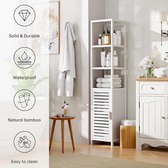 HITNET Bathroom Tall Cabinet, Floor Standing Bamboo Storage Cabinet with 6 Shelves and Shutter Door for Kitchen Living Room, White