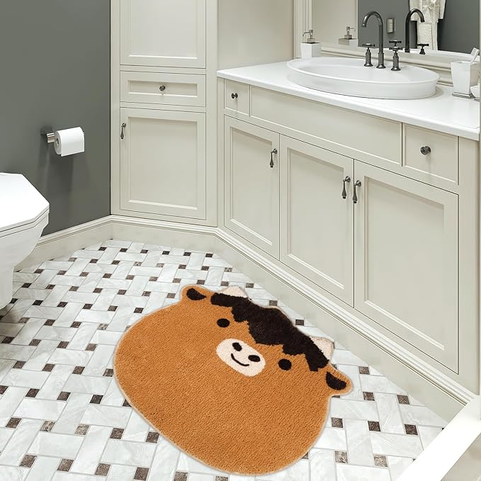 Highland Cow Bath Rugs for Bathroom,Soft Tufted Absorbent Bath Rug with Non-Slip,Cow Face Bathroom Rugs for Shower Bath and Bedroom,22 * 20inch