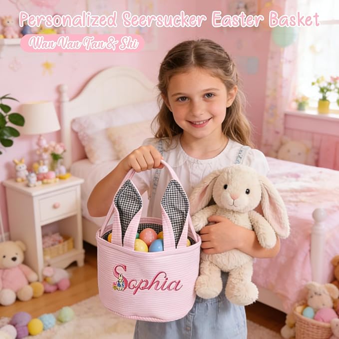 Personalized Easter Embroidered Basket with Name, Custom Seersucker Bunny Easter Egg Hunt Baskets for Kids, Monogram Cute Party Candy Bag with Handles, First Easter Gifts for Baby Girls Boys