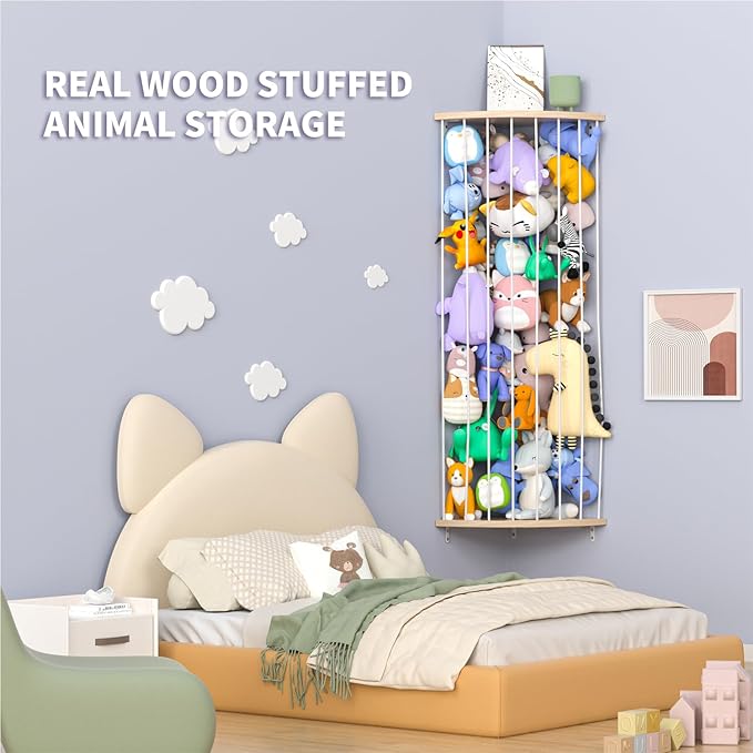 Corner Stuffed Animal Storage Zoo, Large Adjustable Solid Wood Plush Toy Organizer, Hanging Stuffie Holder Shelf & Cage with Engraved Dinosaur Star Moon for Kids Nursery Playroom