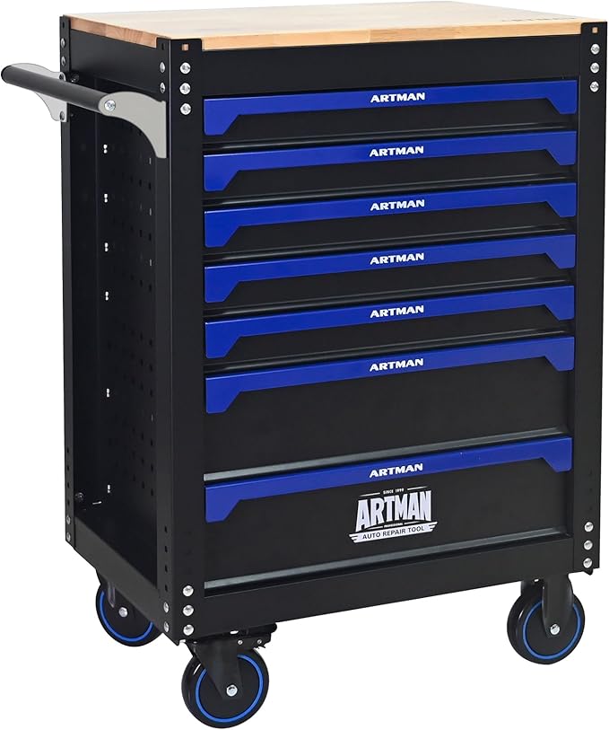 30 Inch Rolling Tool Chest with 7 Drawers, Steel Tool Cabinet with Wood Countertop, Lockable 360° Swivel Casters, Stand Up Toolbox, Portable Garage Tool Box for Home, Workshop (Black+Blue)