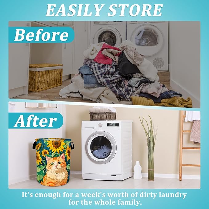 Cat Sunflower Laundry Basket, Foldable Waterproof Oxford Cloth Laundry Hamper Funny Tote Bag Dirty Clothes Storage Bucket Toy Organizer for Bathroom/Laundry/Bedroom 15.7"x19.6"
