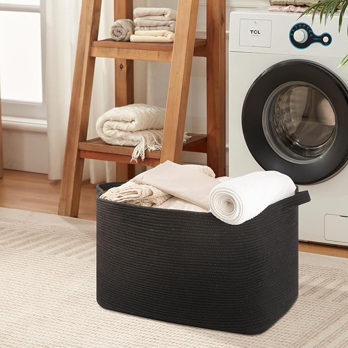 108L Extra Large Blanket Basket, 24.8" x 16.2" x 16.2" Rectangle Woven Storage Baskets for Living Room, Nursery, Bedroom, Toy Basket with Handle (Black)